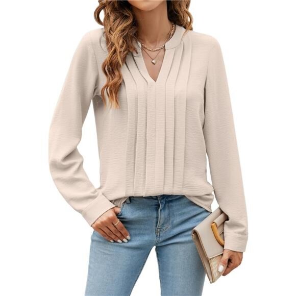 New Long Sleeve V-Neck Pleated Blouse - Dressy Casual Business Work Top, Apricot - Picture 1 of 7